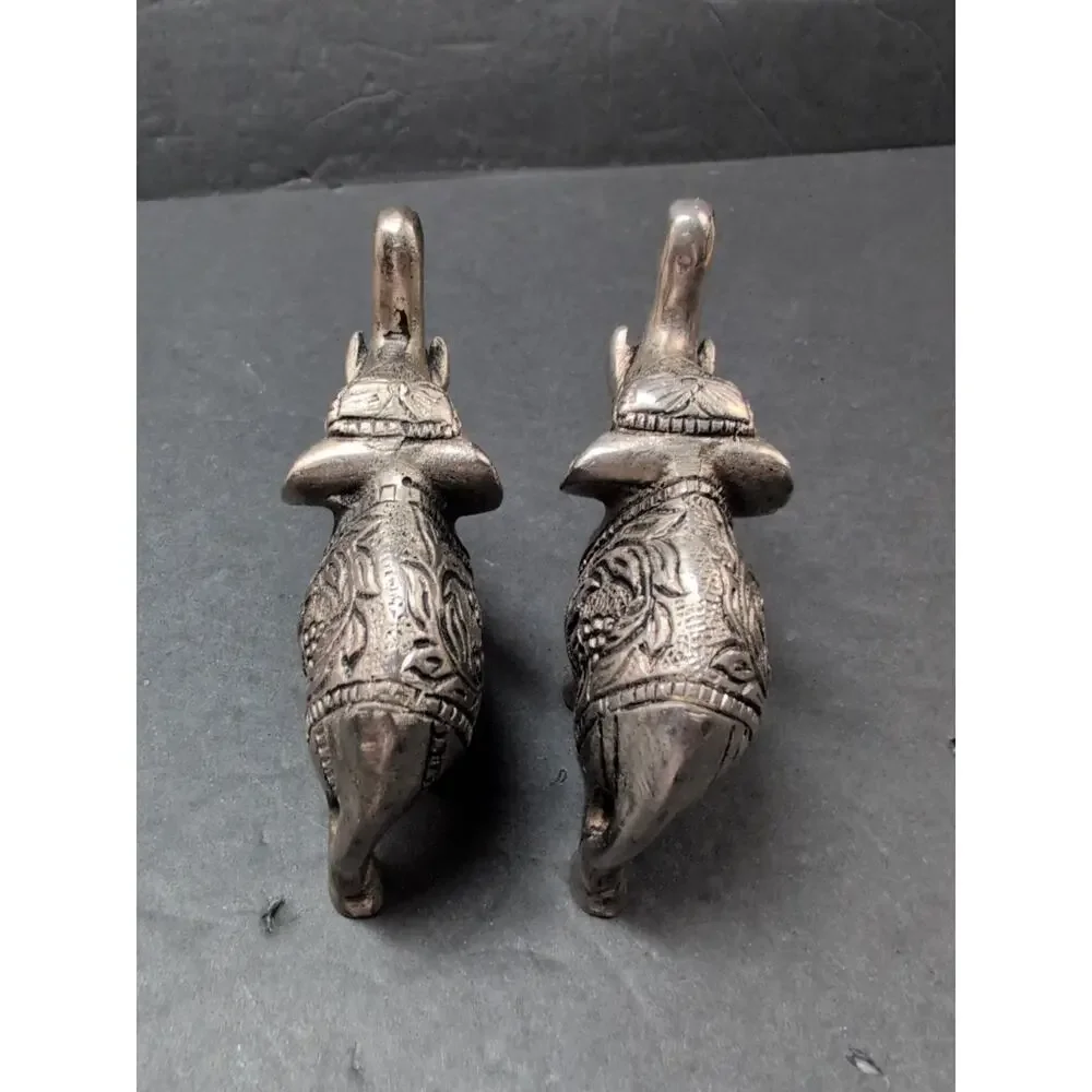 Lot Of 2 India Metal Elephants Hand Carved Collectible Trunks UpFigures 4